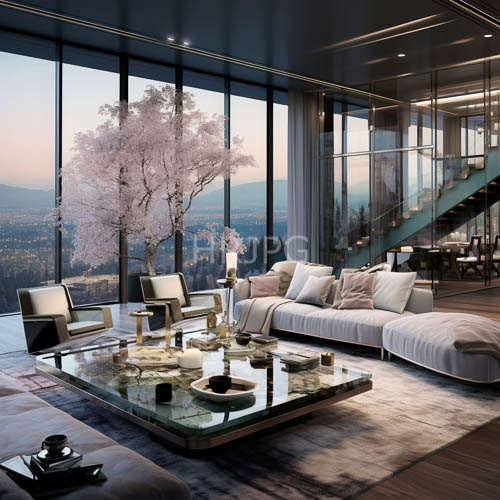 mountain sunset fills modern luxury living room with ambient orangetoned evening hues