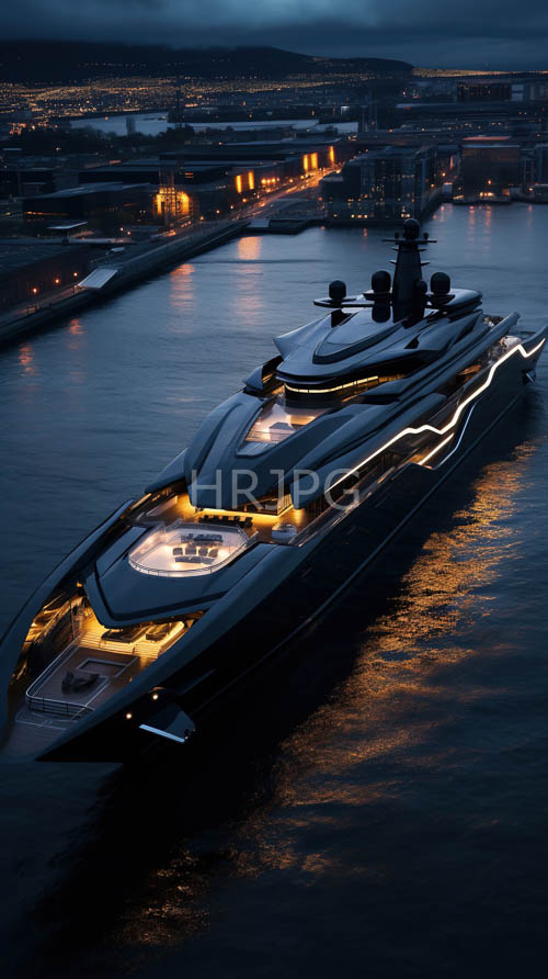 sleek black yachts glide effortlessly through tranquil dusk waters with captivating glowing orange lights