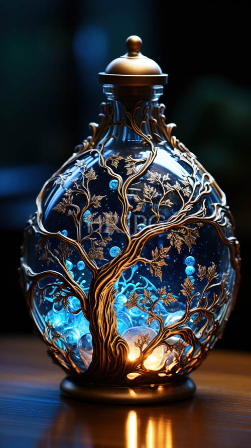 ancient glass vessels with intricately adorned golden tree designs set amidst rich wooden tables