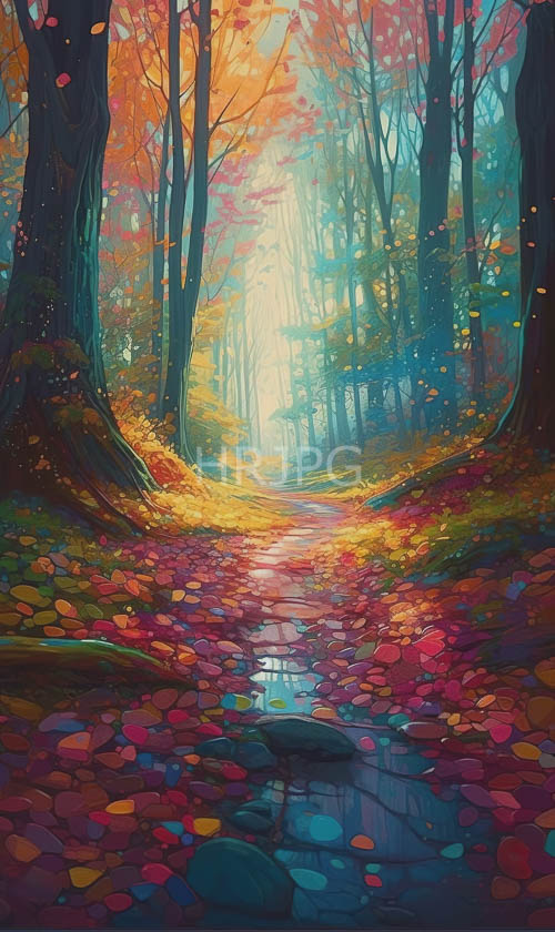 autumnal forest canopies embracing fiery orange hues along winding woodland pathways