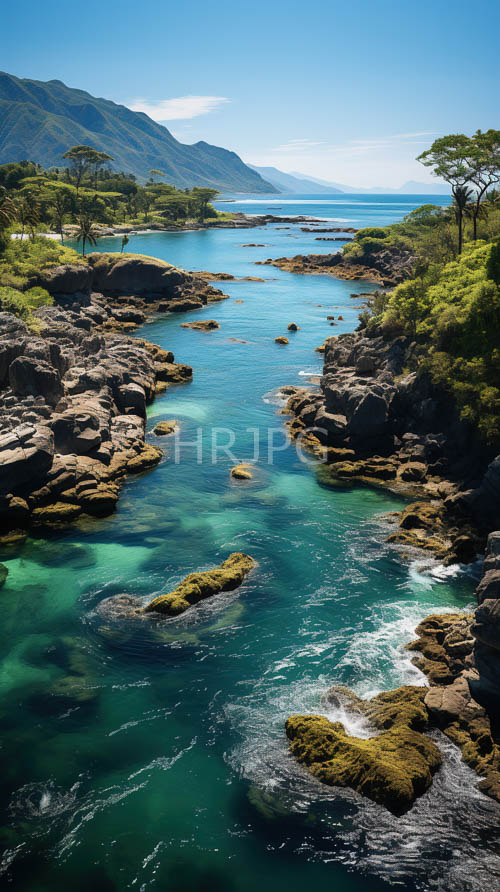 High Resolution: Mosscovered rocky terrain meets crystalclear streams in coastal landscape download. | HRJPG.com