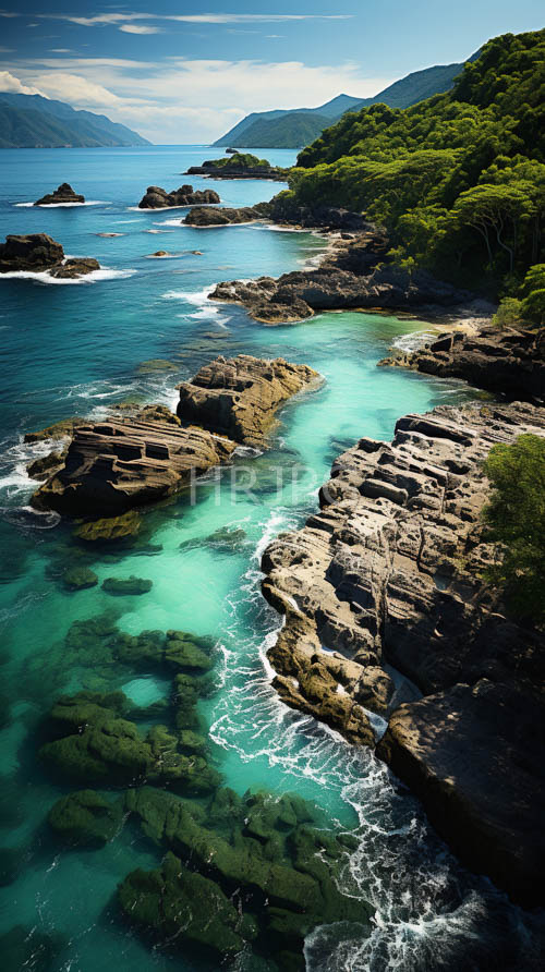 turquoise coastline unfolds beneath dramatic rocky cliffs in crystal clear blue sea