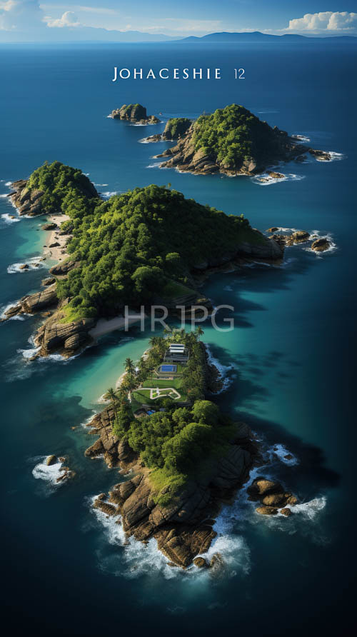 turquoise waters surround dramatic rocky coastlines of tropical islands under sunlit skies