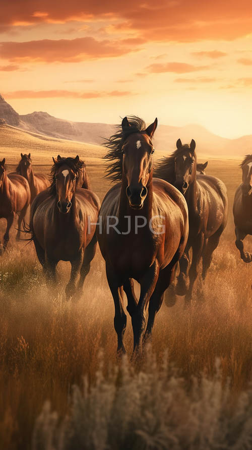 High Resolution: Magnificent stallions thunder across vast plains under orange sunset hues download. | HRJPG.com