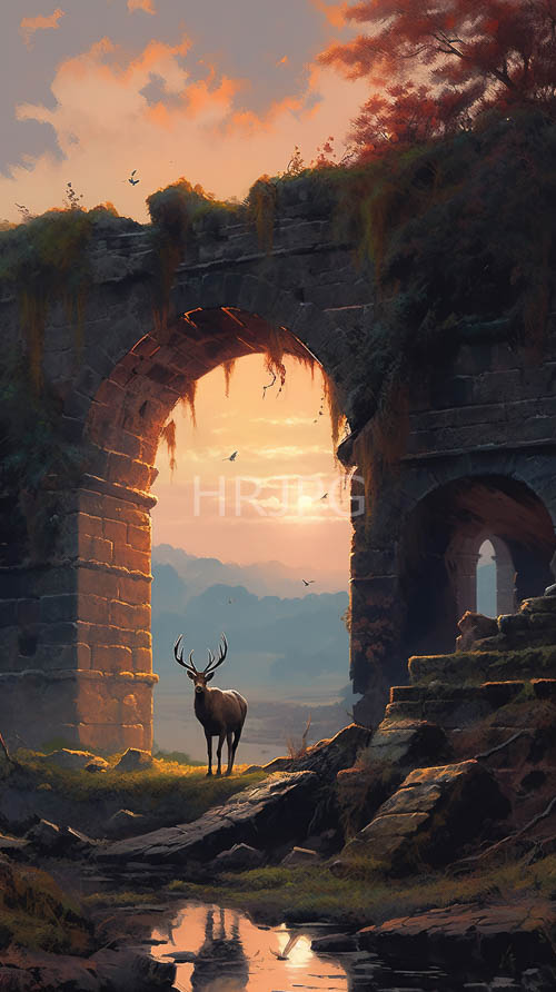 majestic stags amidst ancient stone arches on serene sunsethued landscape