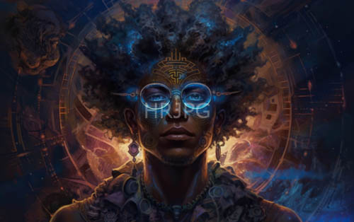 african man embellished with intricate headgear in futuristic lavender hued setting