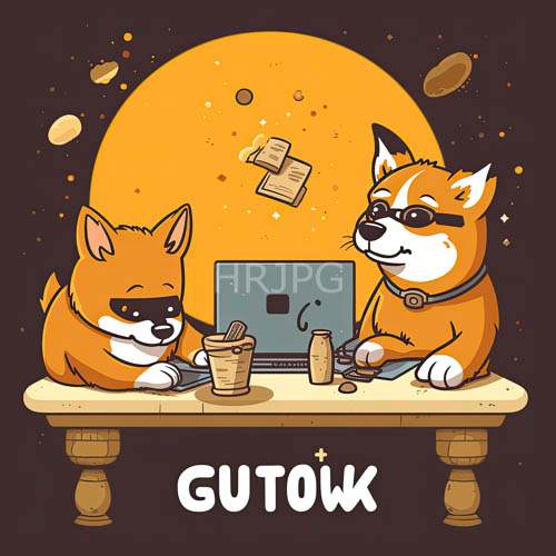 cosmic canine collaborators at vintage wooden desk amidst glowing yellow moonlight