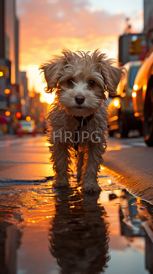 urban canine interactions amidst sunset reflections on shallow city water