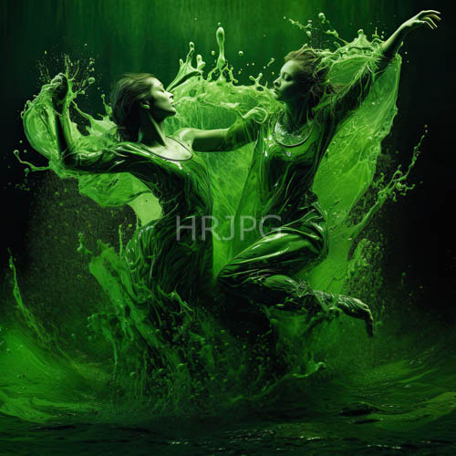 dancers merge with emerald liquid in gradientgreen studio setting with flowing dresses