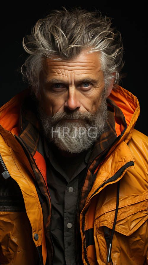 elder statesman exudes quiet authority with piercing gaze and tailored orange jacket against dark background