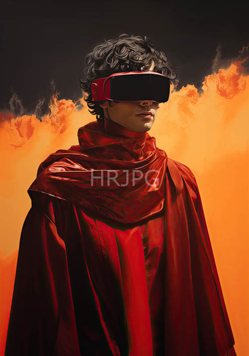 androgynous figure transcending reality in luxuriant hair and crimson fabric