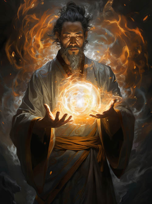 High Resolution: Elder Master of Fire Magic Harnesses Ancient Elemental Power in Traditional Robes download. | HRJPG.com