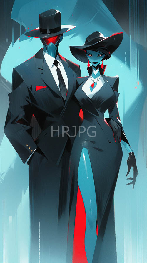 two stylized blueskinned figures in striking red and sleek black attire against a contemporary abstract backdrop of teal and gray