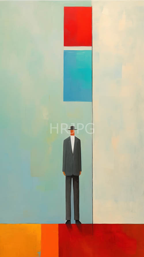 graysuited figure commands attention against abstract pastelcolor backdrop with rectangular formations