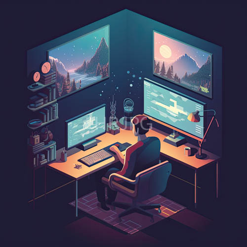 animestyle professional focused at hightech dualmonitor desk amidst nocturnal ambiance