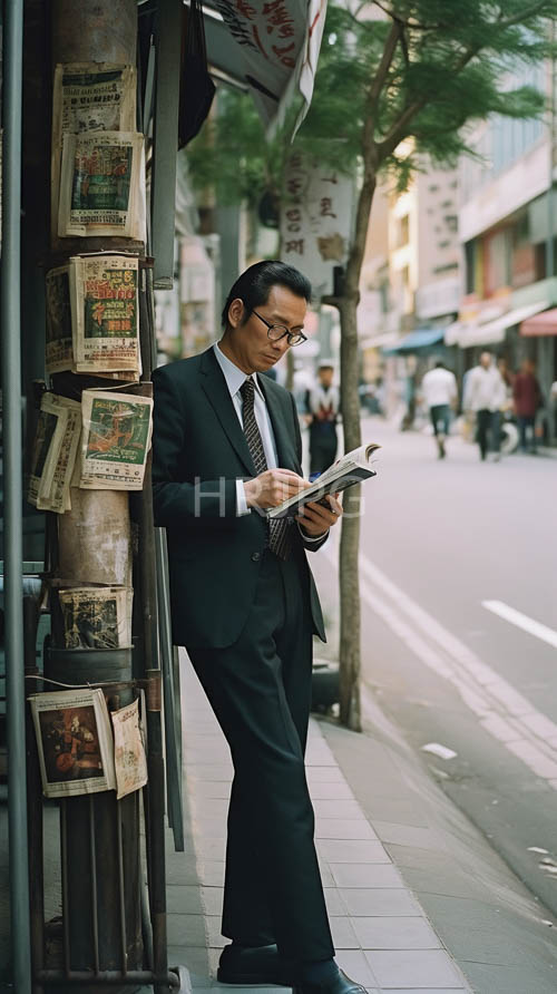 High Resolution: Dignified Gentleman Inspects City Postings Amidst TreeLined Urban Landscape download. | HRJPG.com