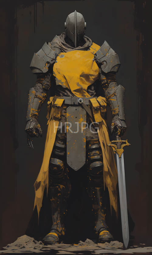 medieval knights with silver armor stand resolute amidst shadowy depths amidst yellow paint splashes