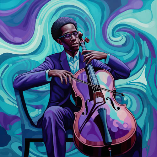 elegant africanamerican man plays cello against turquoisepurple swirling background