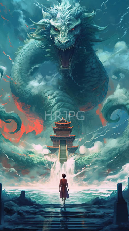 asianstyle temple cascading waterfalls swirling clouds fiery red accents dramatic green dragon