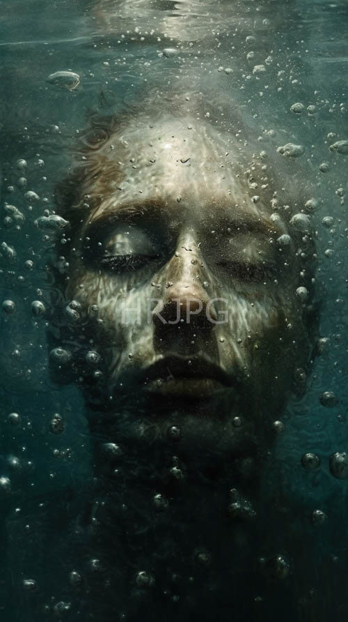 mans face pierces murky green water amidst array of ethereal bubbles underwater