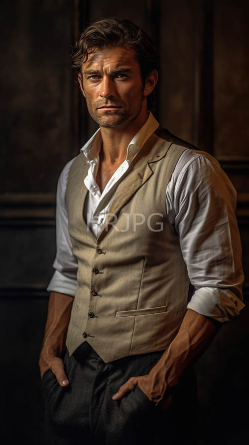 caucasian man with wavy brown hair and stubble in beige vest and dark gray pants under dim lighting