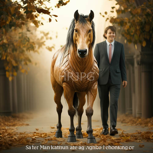 muscular brown horse stands poised on autumn leavesstrewn path amidst towering trees