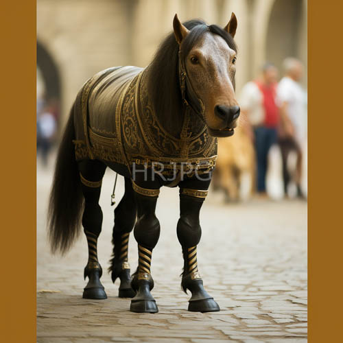 High Resolution: Ancient Cobblestone Pavement Accents Adorned Dark Brown Horse with Ornate Gold Trim download. | HRJPG.com