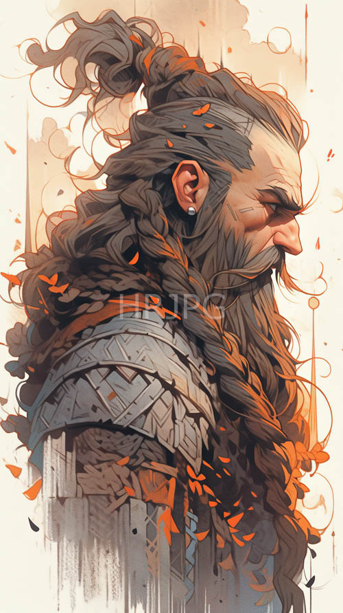 ancient patriarch in regal armor amidst whirling orange leaves and intricate patterns
