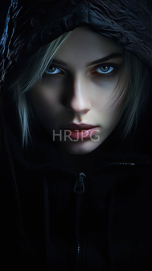 paleskinned woman with intense blue eyes in lowlight setting with sleek black hooded jacket