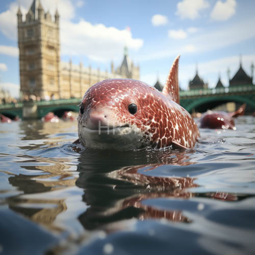 majestic reddishbrown orca glides above londons iconic urban waterscapes with cityscape