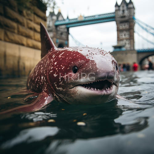 inflatable sharks gliding through river thames urban waterscapes near tower bridges
