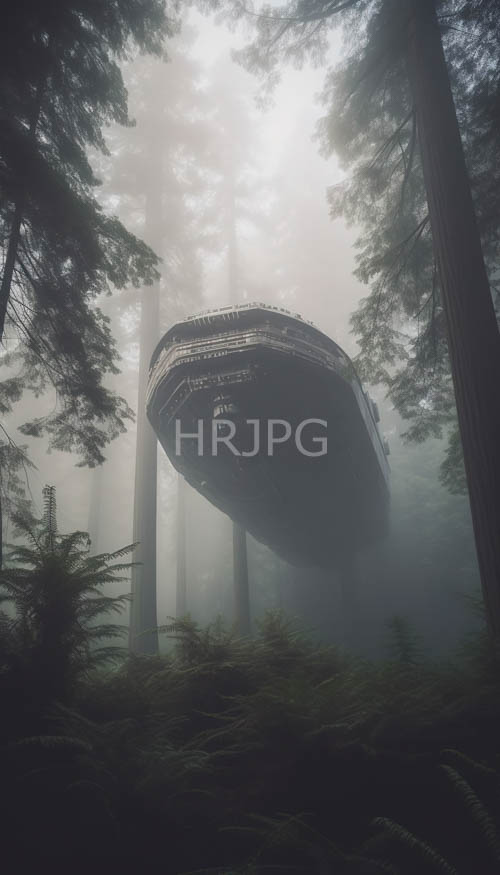 majestic redwood forests yield to futuristic treehouse sentinels in lush fern canopies