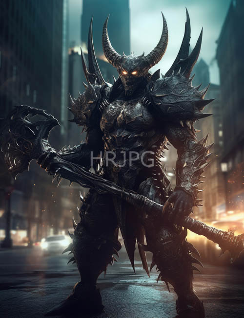 dark armored demons pierce orange glow amidst foggy urban landscapes and blurred city lights
