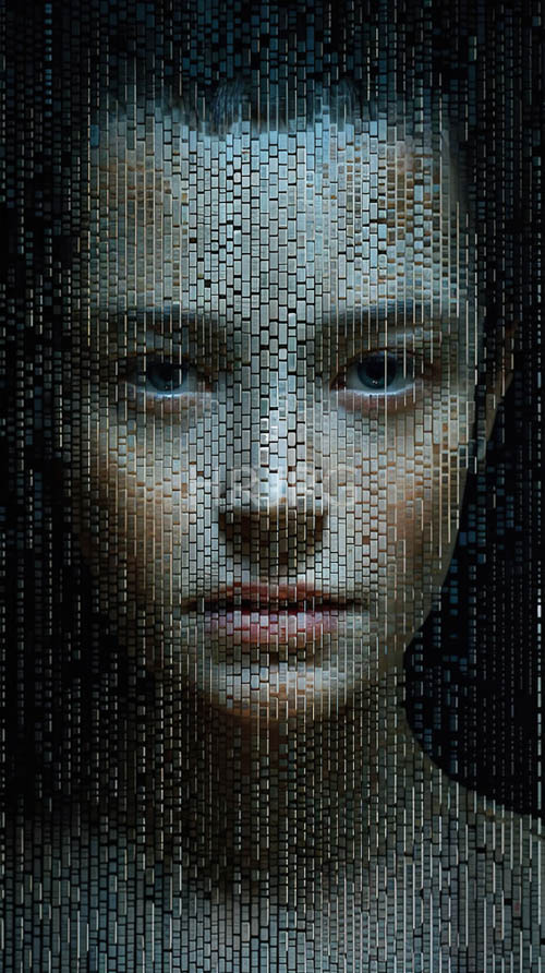 young androgynous figure with pixelated patterns gazing downward in muted gray tones