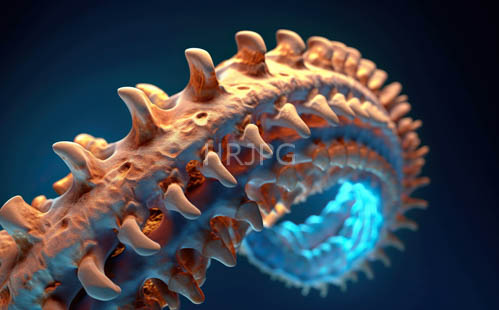sculpture with intricate orangebrown spines and spiral cyanblue core on dark blue background