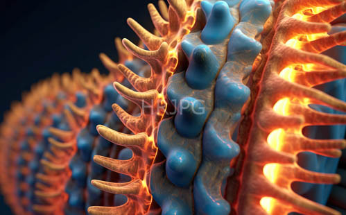 High Resolution: Abstract Biological Structure with Orange Spikes and Contrasting Blue Protrusions in Dark Background download. | HRJPG.com
