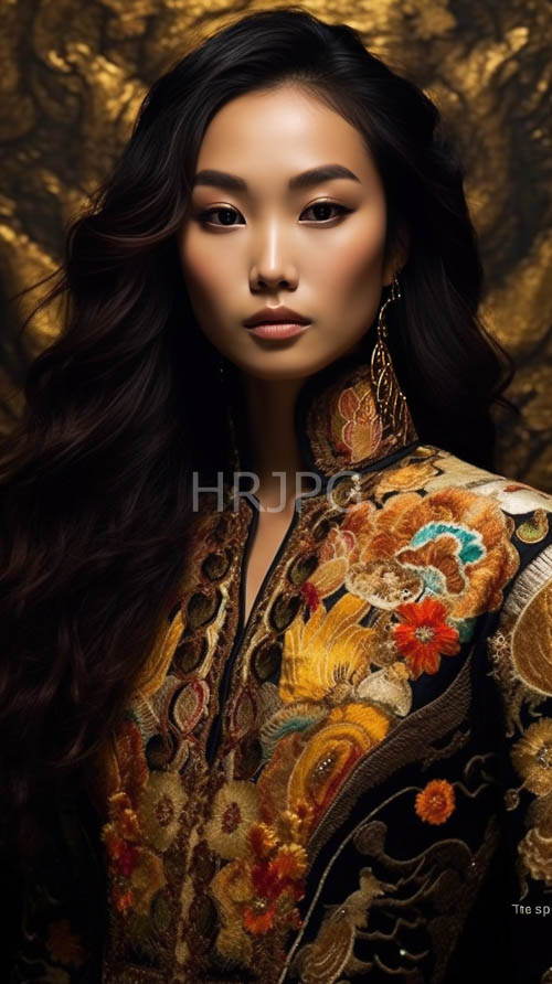 east asian muse captivates with exquisite traditional chinese attire and delicate florals in a deep textured backdrop