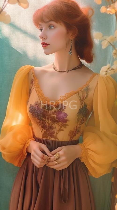 fairskinned woman amidst intricate floral patterns in vintagestyle attire with yellow puffed sleeves
