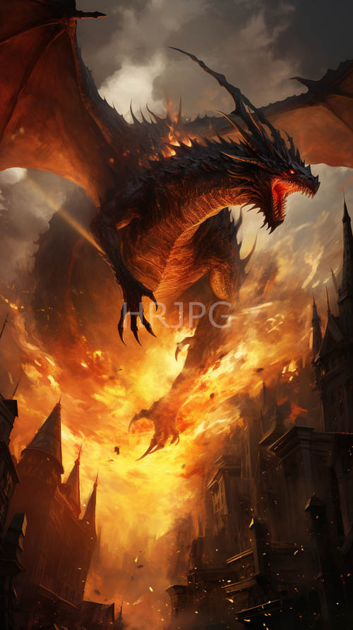colossal blackscaled dragon conquers crumbling cityscape amidst orangehued sunset