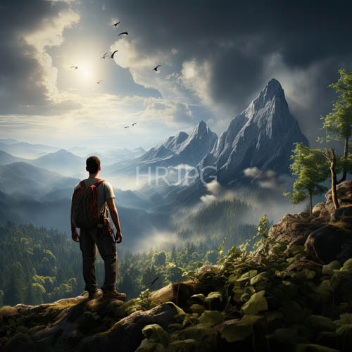 rugged adventurer posing amidst majestic rocky terrain with swirling clouds
