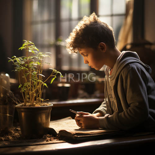 focused asian boy with curly brown hair writes diligently in notebook under cozy gray hoodie at warm wooden table