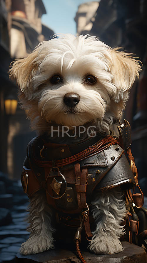 fluffy white puppies in medievalstyle leather armor on cobblestone streets amidst warm sunlight
