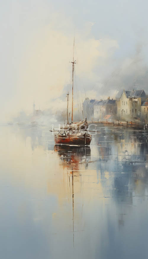 antique wooden sailboat sails serene morning shoreline reflections beneath mists of ephemeral fog
