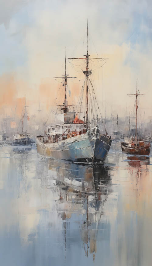 maritime dreamscape with sailboats anchored in serene placid waters under ethereal pastel hues