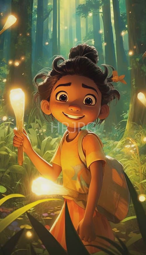 High Resolution: Joyful Young Explorer Amidst Lush Green Forest Foliage Under Ethereal Glowing Light download. | HRJPG.com