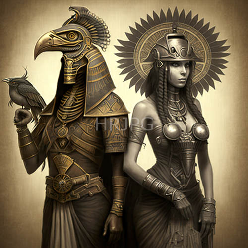 ancient egyptian birdman and regal woman unveil exquisite gold armor in sunmotif headdresses