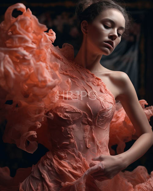 sheer coral dresses feature dramatic ruffles in luxury settings