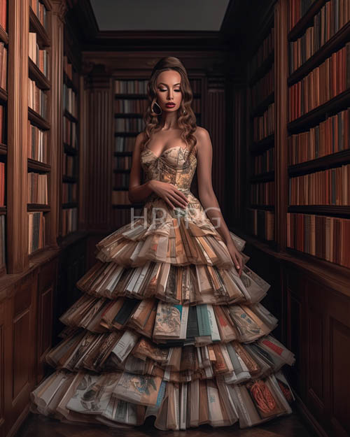 literature unfolds in elegant wavy hair and vintage library aisle interplay of light and shadow