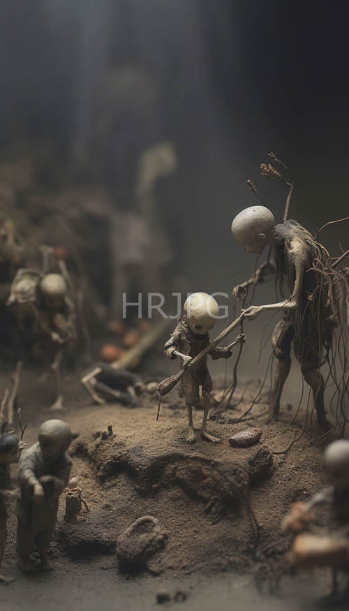 macabre skeletal figures frozen amidst desolate terrain with dry twigs and sharp rocks under dim atmospheric light