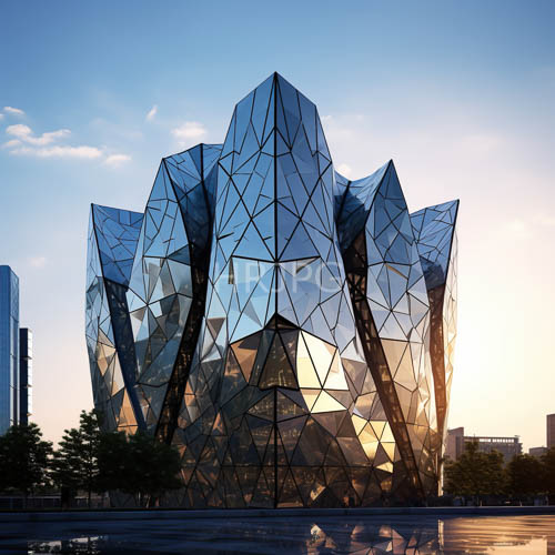 angular glassclad skyscraper reflects sunset hues amid urban landscape complexity